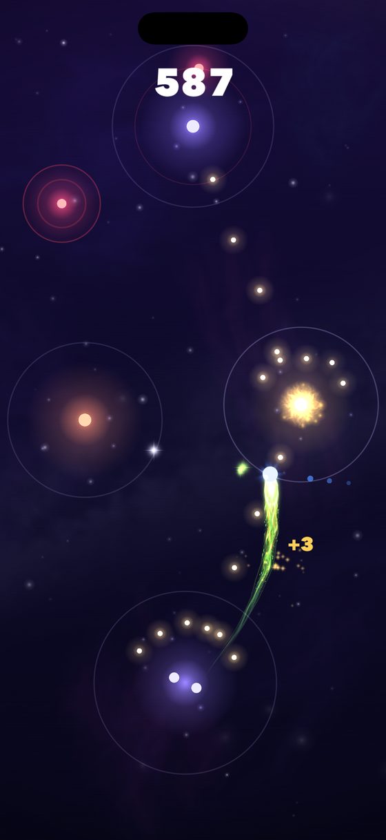 A green comet trail climbing through a warm dusk nebula